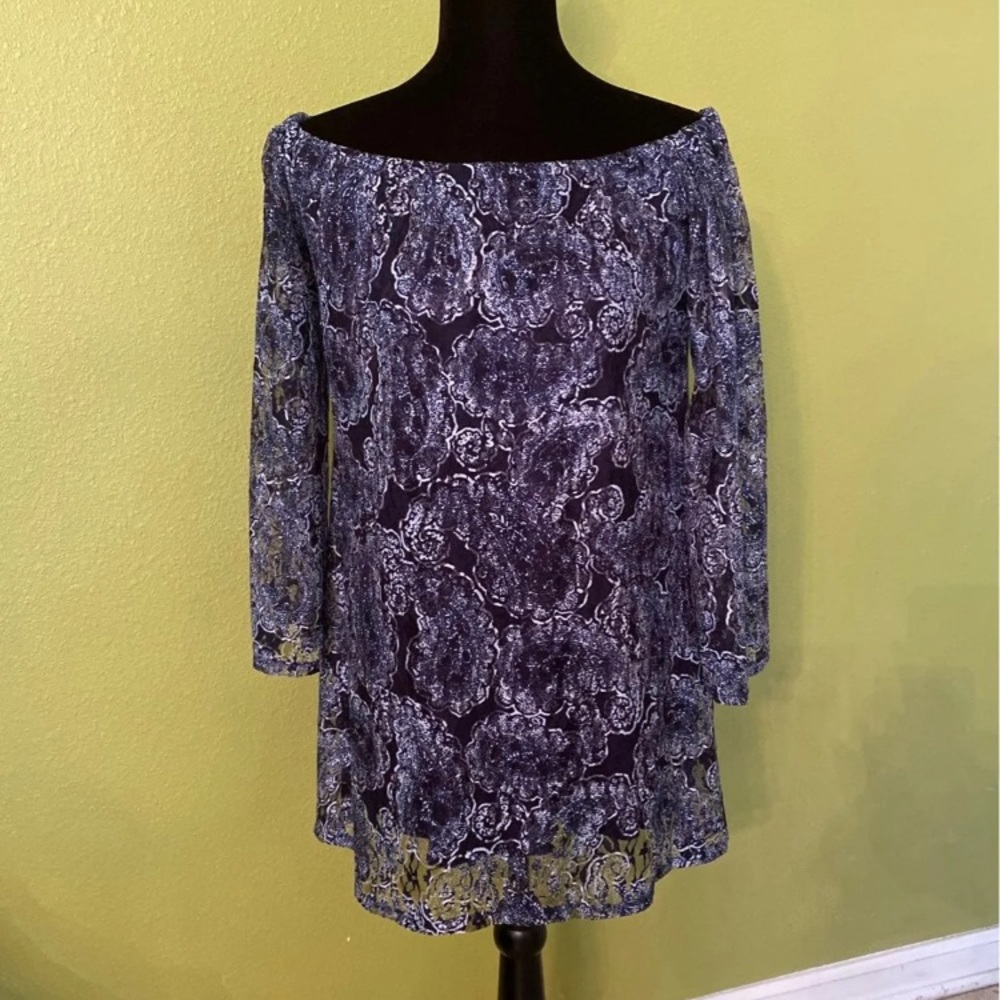 Boho mini off the shoulder lace dress tunic navy sheer lace sleeves bohemian